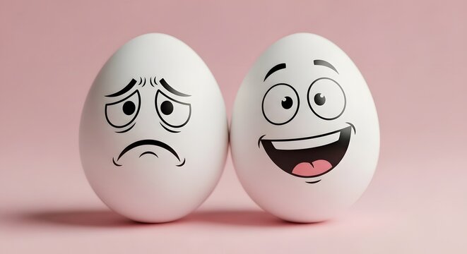 Contrasting emotions sad and happy egg faces on white shells