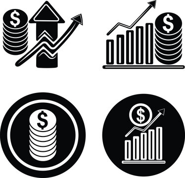 Set of black and white financial growth icons featuring dollar coins bar charts and upward arrows for business success