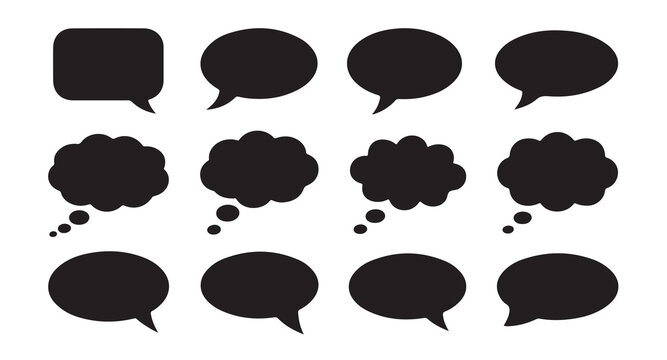 Oval and rectangular speech bubbles set with thought clouds for comic strip illustrations.