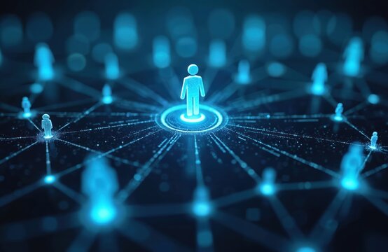 Abstract illustration of connected people network. Digital human icons linked by glowing lines and particles form a global community web. Technology concept for communication and business.
