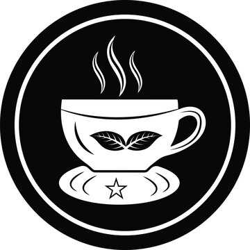 Steaming tea cup icon with leaves and star in circular frame vector illustration isolated on black background