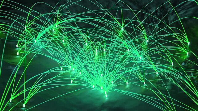 Glowing green curved waypoint lines extend across terrain surface in rotating perspective 3D composition for geographic data visualization