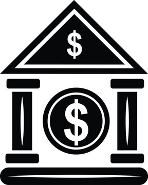 Black and white bank building icon with dollar currency symbols representing financial savings and investment