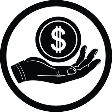 Black and white circular icon of a human hand holding a dollar coin representing financial charity and investment