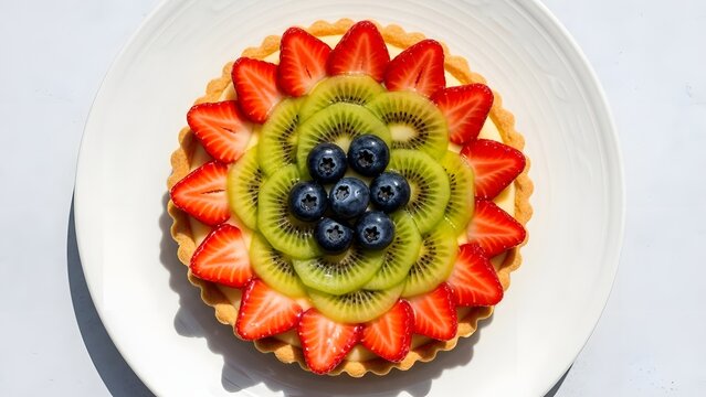 Top View Delicious Fruit Tart with Fresh Strawberries, Kiwi Slices, and Blueberries on a White Plate, Perfect for Dessert Menu, Bakery Advertising, Food Blogging, and Gourmet Restaurant Promotions