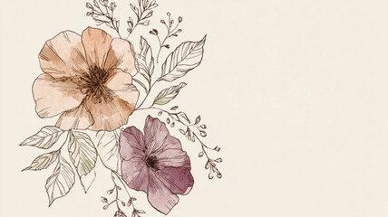 Fototapeta premium Elegant floral logo design with watercolor outline flowers and leaves on white background.