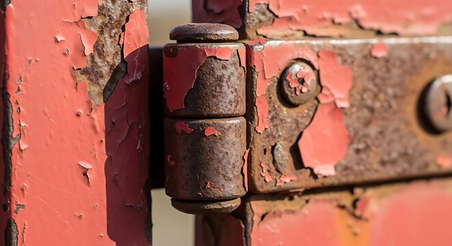 Aging Red Painted Metal Hinge Shows Signs of Rust and Wear Indicating Exterior Exposure and Time s Passage on a Rusty Gate or Surface with visible screw heads and distressed paint texture
