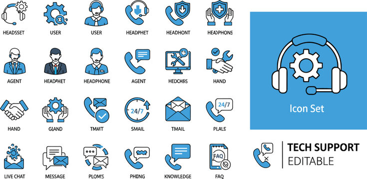 Tech support service line icon set minimal outline vector customer helpdesk communication editable UI system design pack