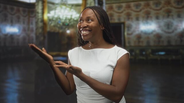 Woman presenting palms and smiling, wearing white dress, gesturing playfully in an ornate building with chandelier and patterned walls; joyful welcome.