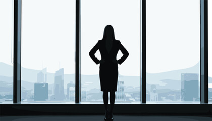 Fototapeta premium Silhouette of a confident businesswoman standing with hands on hips in a high rise office looking out at a modern city skyline background