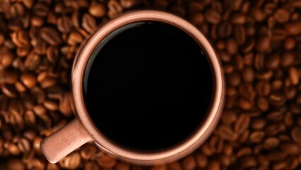 Fototapeta premium Top View cup of black coffee viewed from above, surrounded by coffee beans. Concept of refreshment, caffeine, morning ritual, and beverage industry.