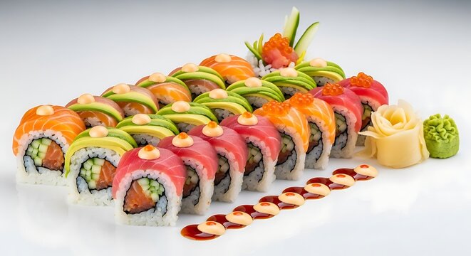 A beautifully arranged selection of sushi rolls with various toppings and garnishes
