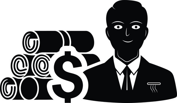 Businessman silhouette standing with cash rolls and dollar symbol representing financial success and wealth management