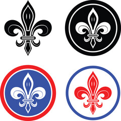 Obraz premium Decorative fleur-de-lis heraldic symbol set in various colors and circular frames for royal design elements