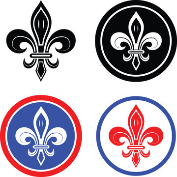 Decorative fleur-de-lis heraldic symbol set in various colors and circular frames for royal design elements