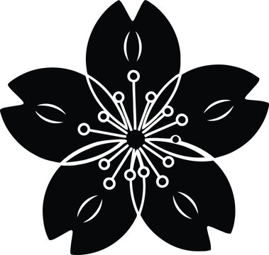 Detailed black and white cherry blossom flower silhouette vector illustration isolated on a white background