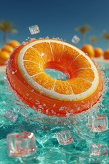 Obraz premium Refreshing 3D orange slice pool float splashing in clear blue water with ice cubes, ideal for summer vacation concepts