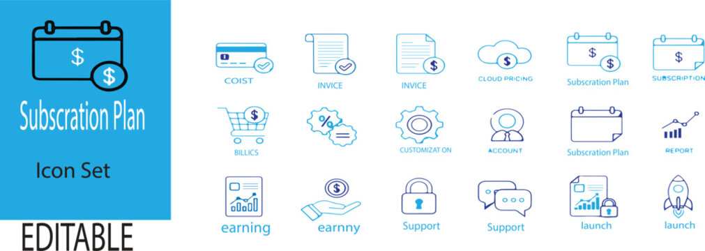  Subcration plan icon set,could ,account ,launch etc on white bckground