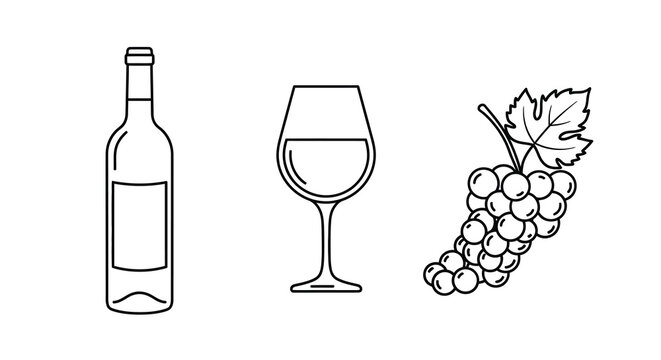 Wine bottle glass and grapes depicted in a minimalist silhouette
