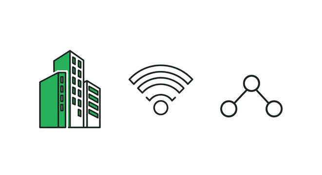 Green building wifi signal and network icons in linear silhouette