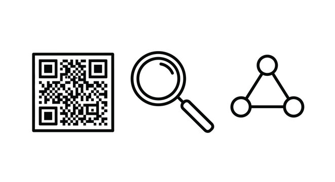 Qr code magnifying glass and connected nodes in black silhouette