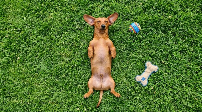 Dachshund lying on back top view on green grass with toys in sunny backyard
