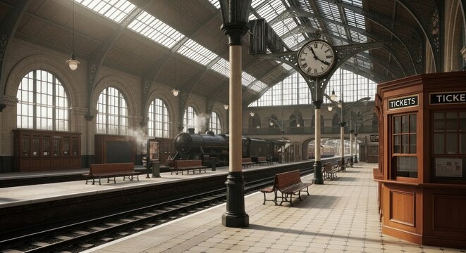 Vintage railway station with train clock ticket booth and arched windows