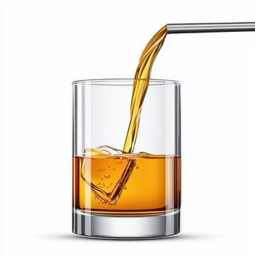 Close up of pou whiskey into a glass with ice cube on a white background, detailed beverage preparation, transparent glass, cold drink serving, high resolution