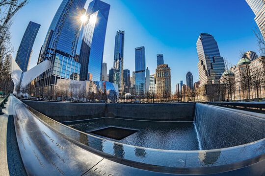 NEW YORK, USA - MARCH 9, 2020: Large angle view of Memorial of 11 September 2001, located in WTC Memorial Plaza, Manhattan.