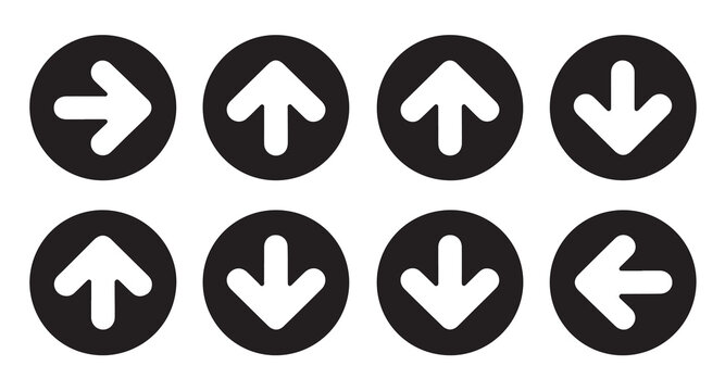 Eight white arrow icons within black circles pointing different directions on white background.