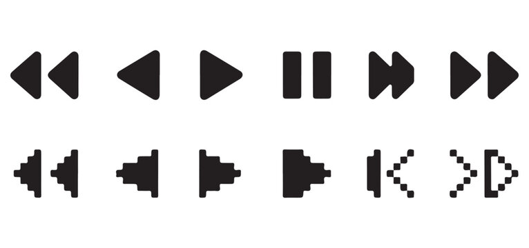 Media player icons set. modern and pixelated user interface elements for audio video.