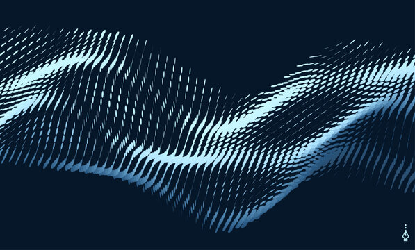 Dynamics particles. Abstract wavy background. Wave with connected dots. Big data. Grid. Water surface. Illustration for brochure, poster, cover, presentation, flyer or banner.