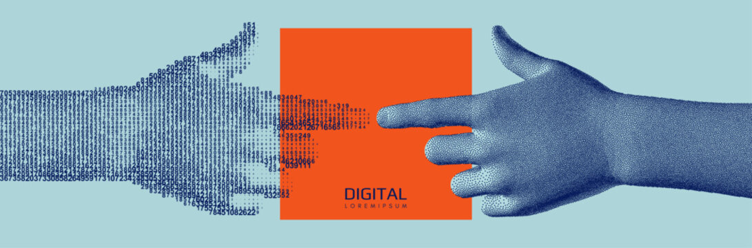 The index fingers of both hands reach toward each other. The concept of relationships, unity, partnership, or contact. Cascading digital code matrix. Artificial intelligence and cognition. Contact.