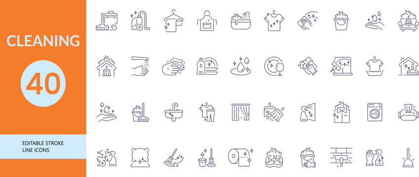 Editable cleaning service line icons set with hygiene tools housekeeping sanitation symbols.