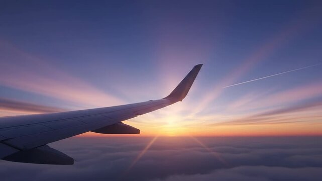 Airplane Wing Flying Over Sunset Sky During Flight.