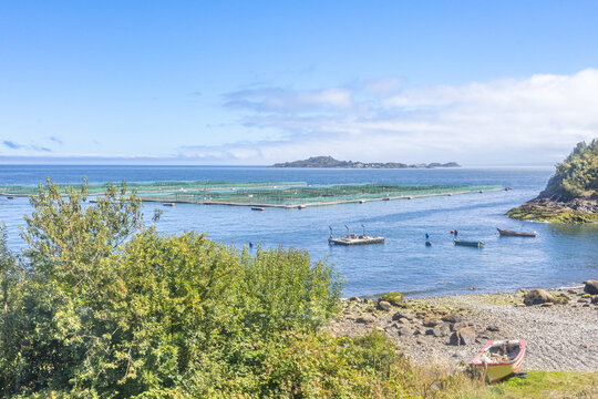 Los Lagos Region, Chile - March 20, 2026: Chilean salmon farm seen from the Carretera Austral, in Chilean Patagonia.