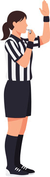 female referee in black and white uniform signalling with hand