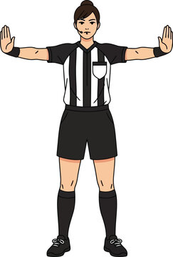 Illustration of a female basketball referee making a hand signal with outstretched arms