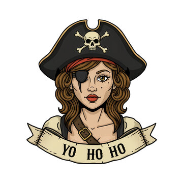 Cartoon pirate woman with eye patch isolated on transparent background