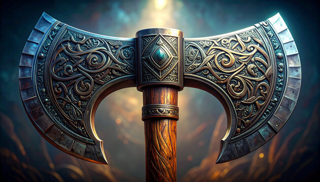 Fantasy double-bladed axe with detailed metal engravings and a wooden handle double axe