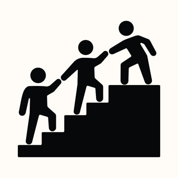 Business growth concept with group of stick figures helping each other climb stairs representing teamwork success mentoring support career development leadership and collective progress in office.