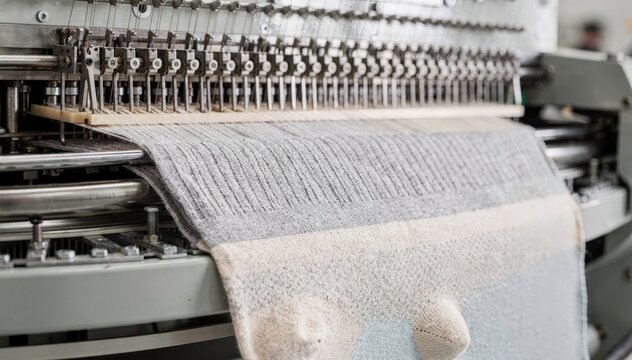Industrial knitting machine producing mild compression socks with fine yarn for gentle leg support highlighting precision and textile detail in a medium shot.