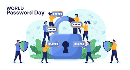 Naklejka premium Data security illustration with people and a large lock concept for passwords and cybersecurity