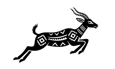 Fototapeta premium Tribal Gazelle Silhouette Leaping with Ethnic Geometric Ornament Pattern — Bold Black African Antelope Vector Art Ideal for Print, Logo, and Boho Design