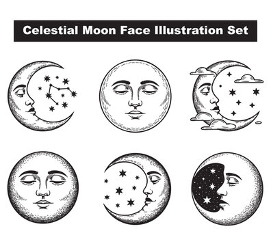 Celestial Moon Face Illustration Set