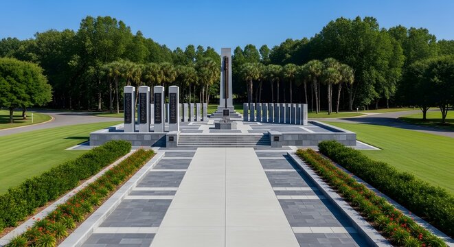 A serene memorial park with a walkway leading to a monument surrounded by lush greenery and vibrant flowers on a sunny day