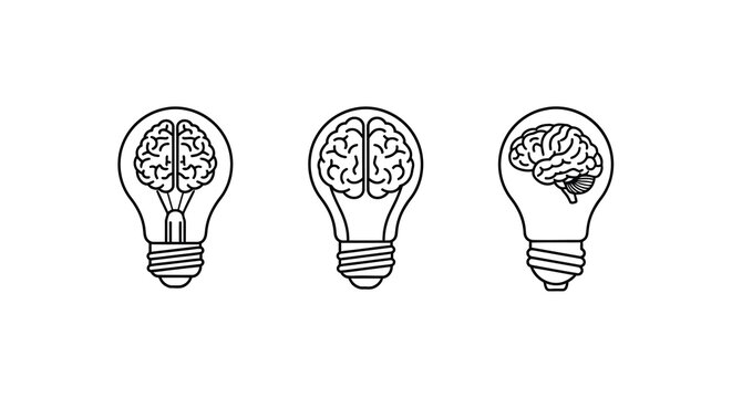 Three lightbulbs containing brain illustrations a clever concept silhouette