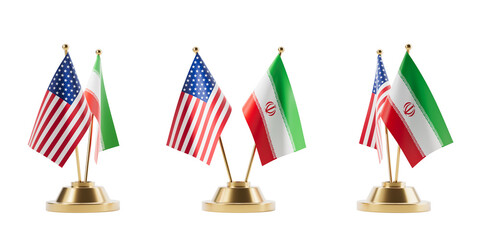 Miniature USA and Iran desk flags on golden stands shown in realistic style on isolated white background as concept of international relations 3D Rendering © ImageFlow