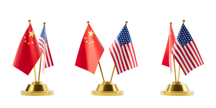 Desk flags of China and USA in realistic style on white background representing diplomatic relations concept, 3D Rendering