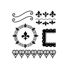 Elegant wedding graphic elements including fleur de lis, hearts, and ornate frames for invitations. © Saikat